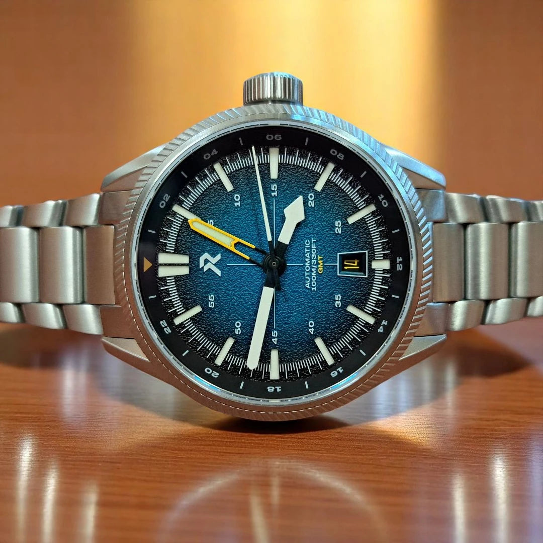 RZE Fortitude Turbo Teal GMT: Titanium 100m True GMT Pilot's Watch