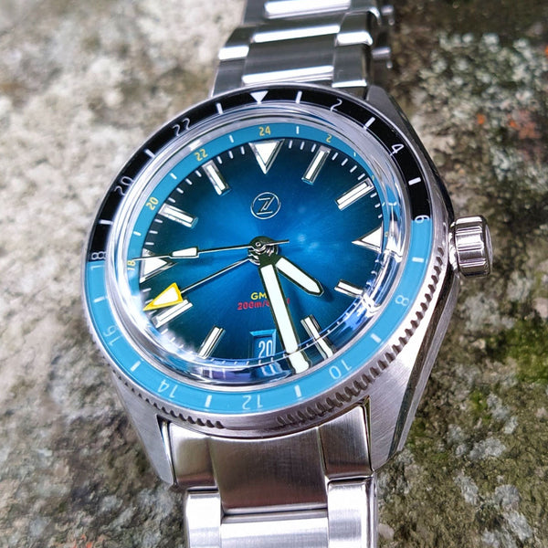 Zelos Horizons GMT v2 - Stainless Steel Teal Blue (Swiss ETA 2893