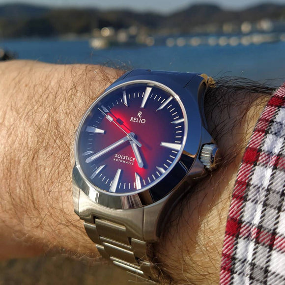 red dial dress watch Relio Solstice Red